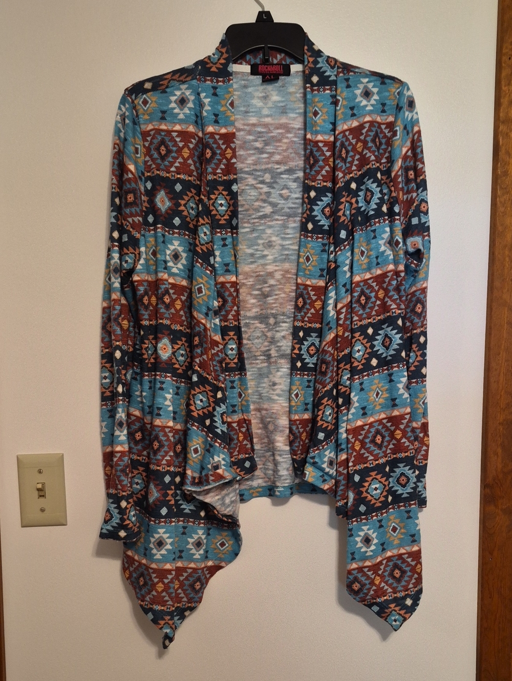 Rock & Roll Cowgirl Turquoise Brown Aztec Drape Cardigan Sz L